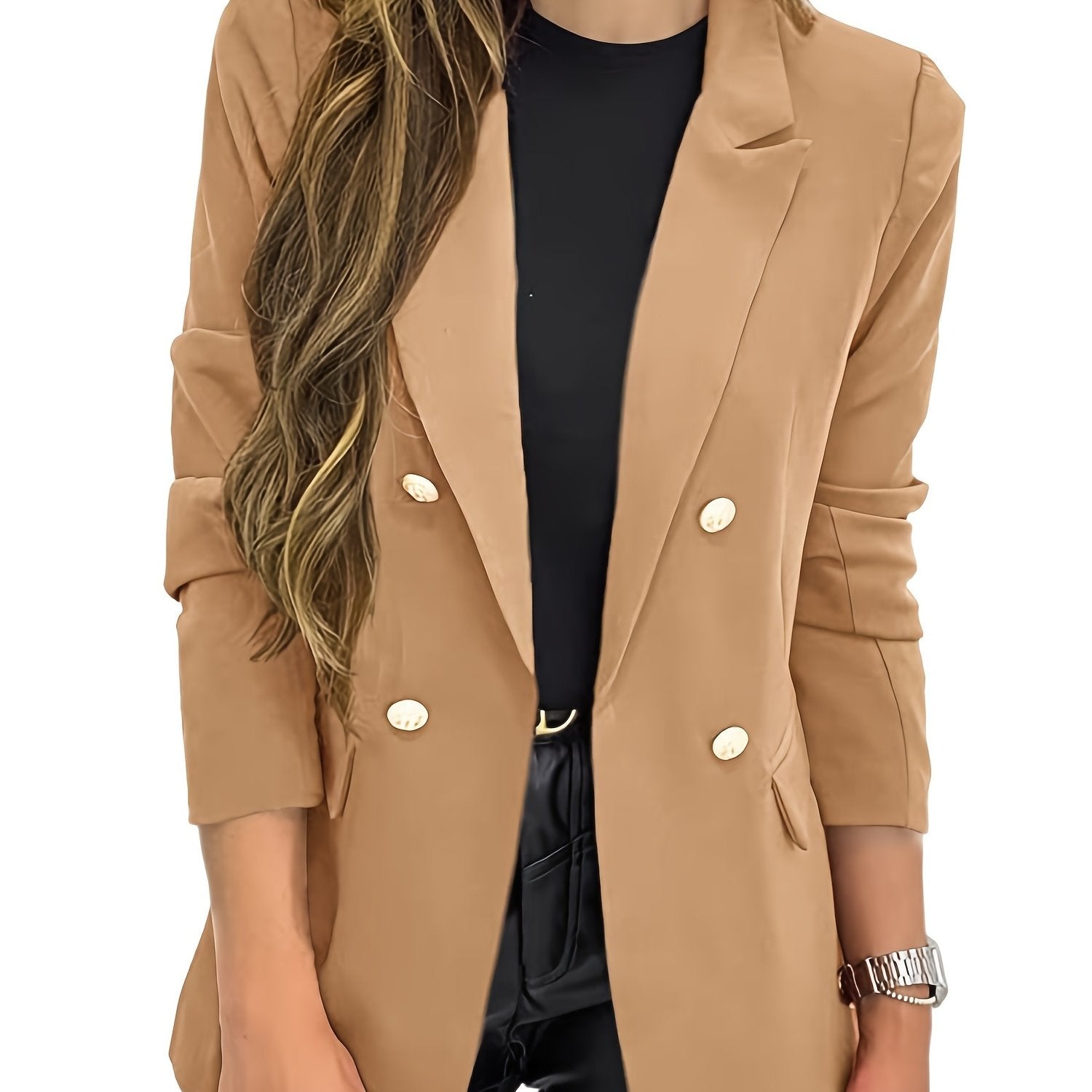 Solid Button Open Front Blazer Lapel Long Sleeve Blazer