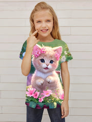 Flower Cat Graphic Short Sleeve T shirt for Girls