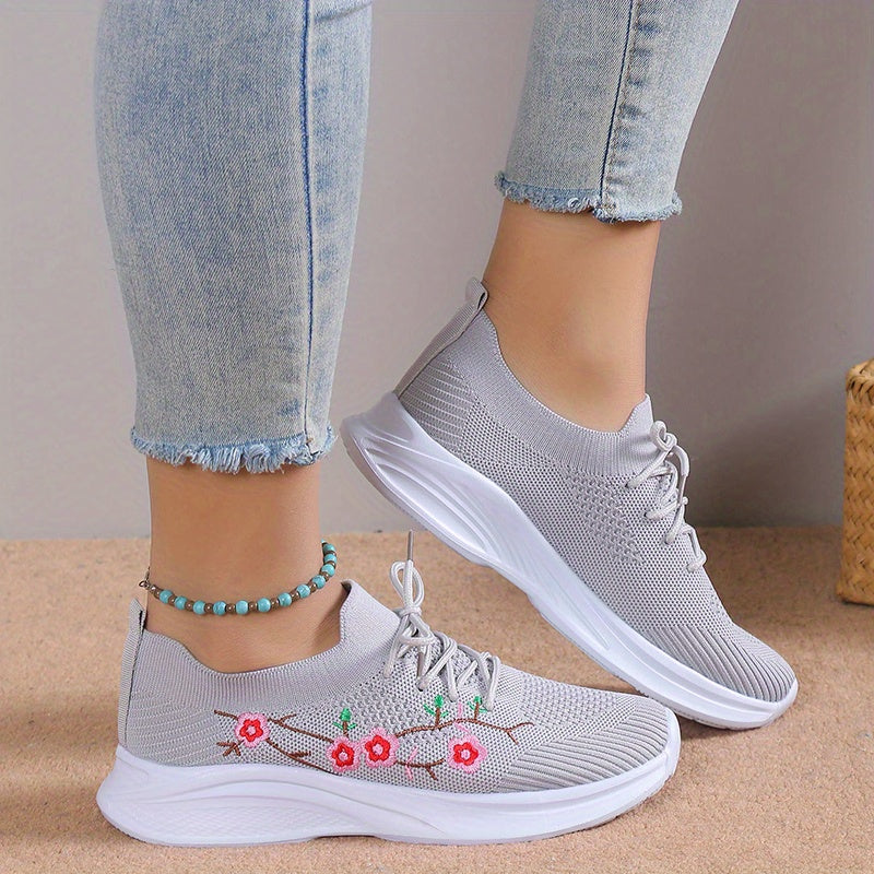 Women's Floral Embroidered Sock Sneakers Lace Up Low Top Sports Shoes