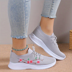 Women's Floral Embroidered Sock Sneakers Lace Up Low Top Sports Shoes
