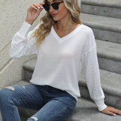 Solid V Neck Sweatshirt Eyelet Sleeve Spring Fall Women's Clothing
