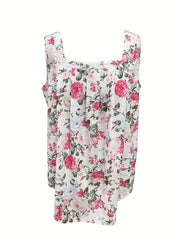 Boho Tank Top Women's Plus Ditsy Floral Print Square Neck
