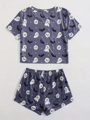 Cartoon Ghost Lounge Set Halloween Short Sleeve Top & Shorts Women's Sleepwear
