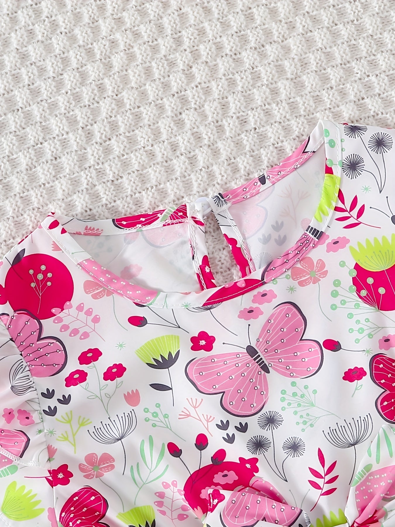 Girls Butterfly Print Ruffles Round Neck Princess Dress