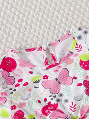 Girls Butterfly Print Ruffles Round Neck Princess Dress