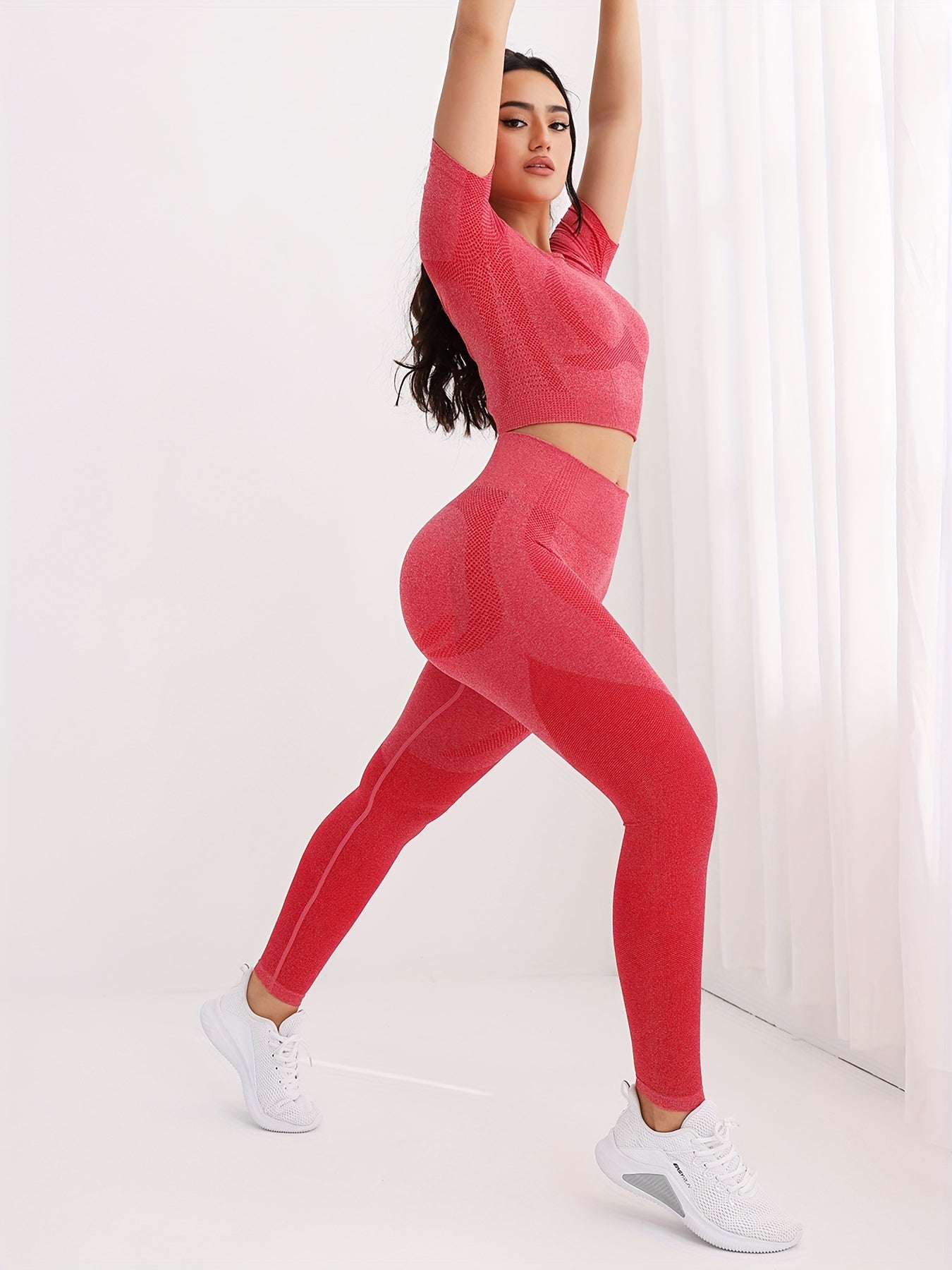 2pcs Women's Slim Fit Sporty Set Short Sleeve Top & High Waist Running Pant