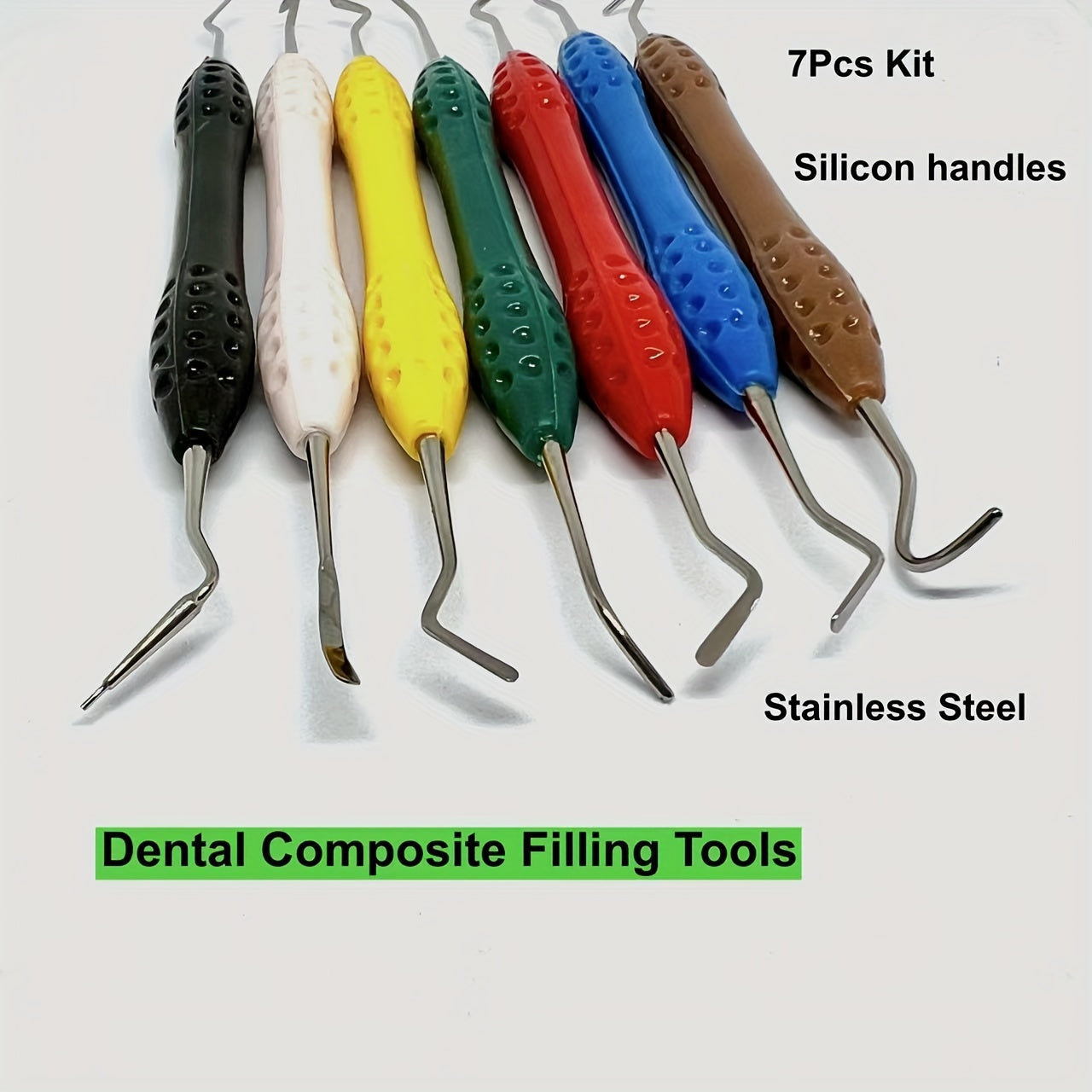 7pcs Dental Composite Filling Tools Kit Silicone Handles Stainless Steel