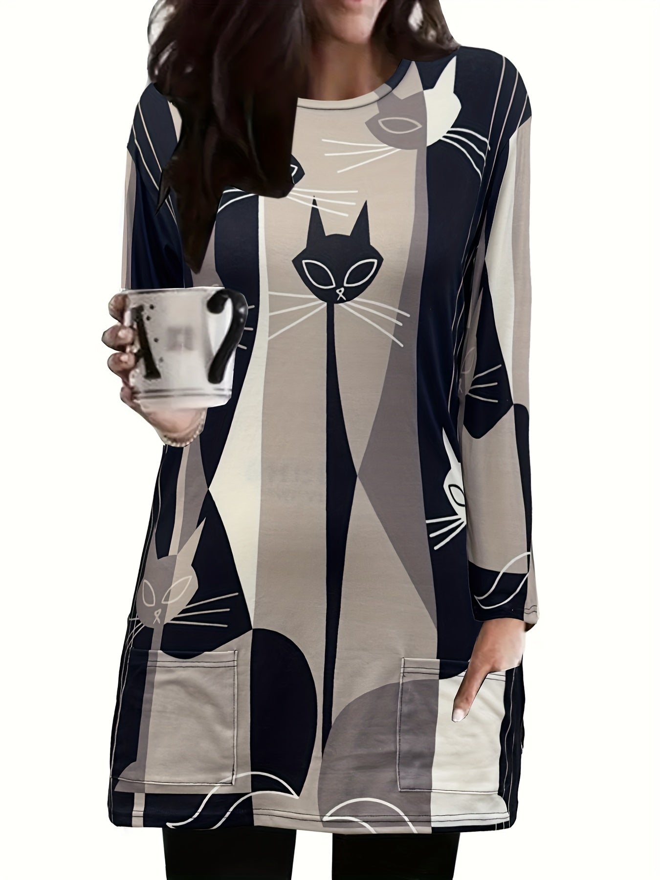 Colorblock Cat Print Long Sleeve Round Neck Dress Plus Size