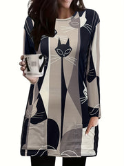 Colorblock Cat Print Long Sleeve Round Neck Dress Plus Size