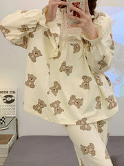Bear Print Pajama Set Long Sleeve Top & Pants Women's Sleepwear