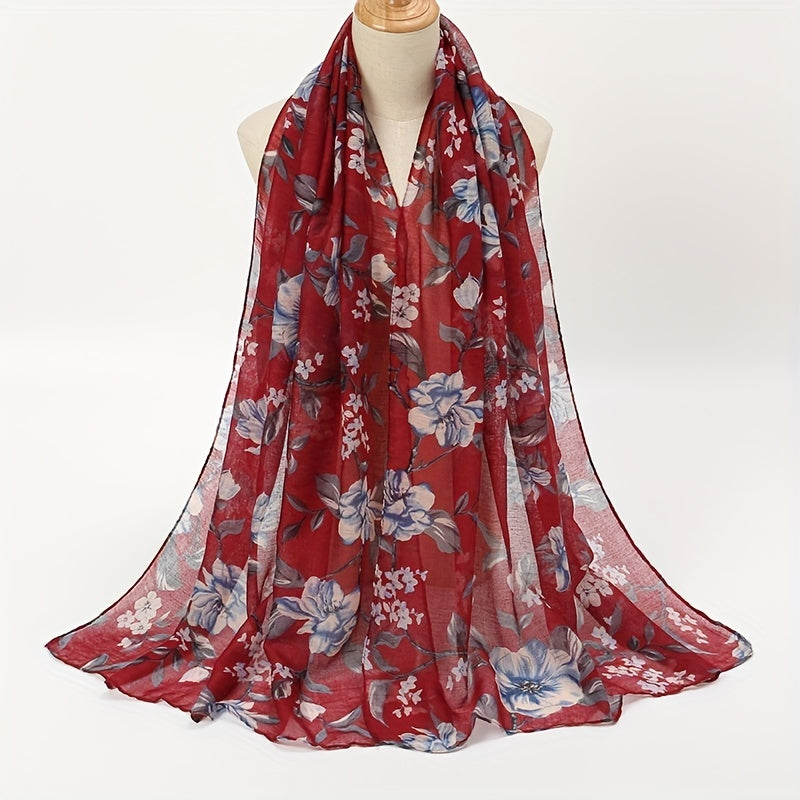 Vintage Voile Flower Print Scarf Classic Windproof Shawl Head Wrap