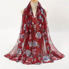 Vintage Voile Flower Print Scarf Classic Windproof Shawl Head Wrap