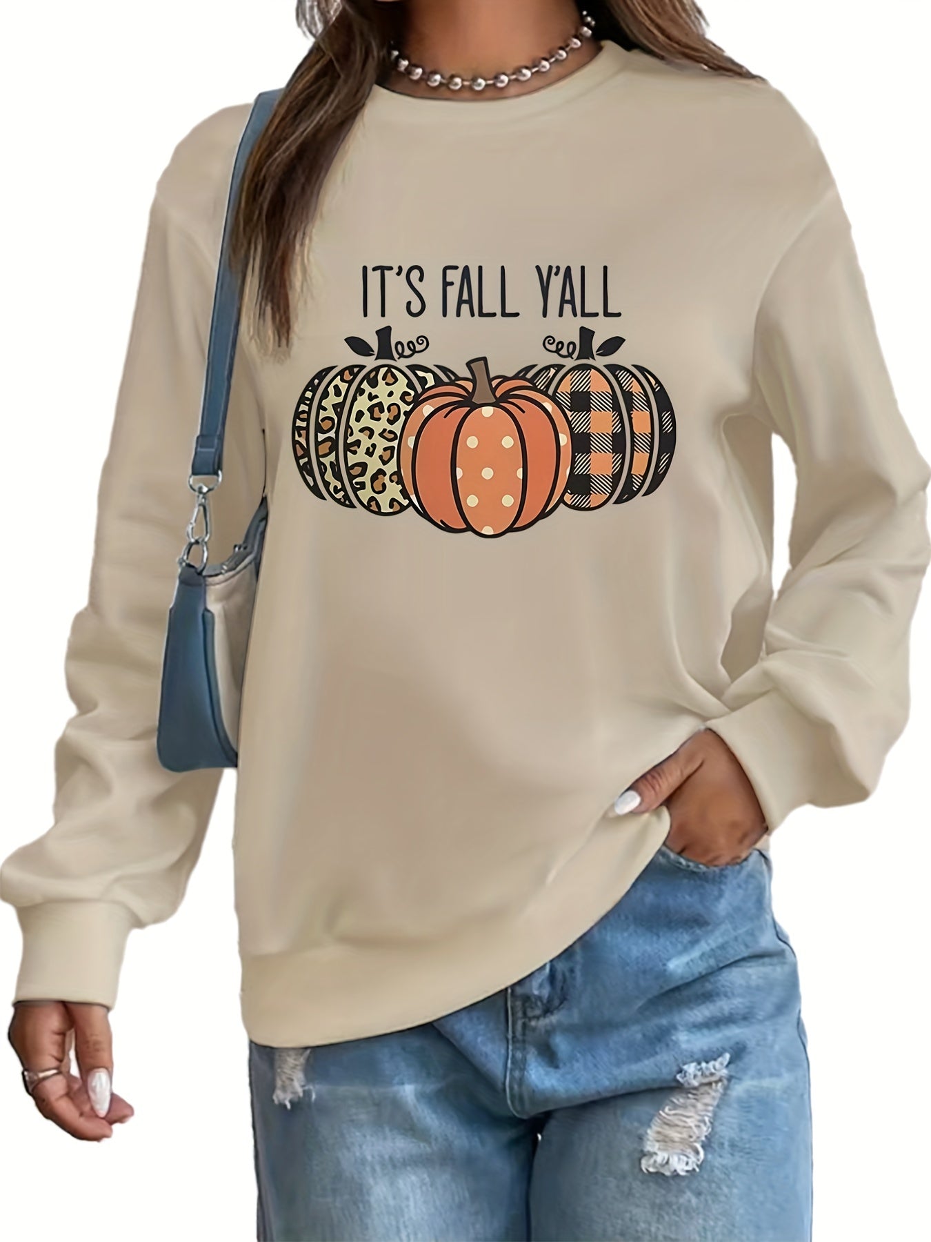 Pumpkin Print Long Sleeve Sweatshirt Crew Neck Fall Women's Clothing