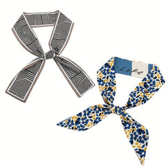2pcs Floral Plaid Skinny Scarf Ribbon Neckerchief Bowknot Twilly Scar