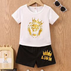 Boys Lion Head Print T-Shirt & Shorts Set Summer Clothes