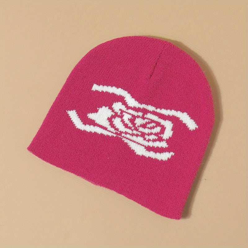 Y2K Flower Jacquard Beanie Hip Hop Knit Hat Warm Knitted Hat