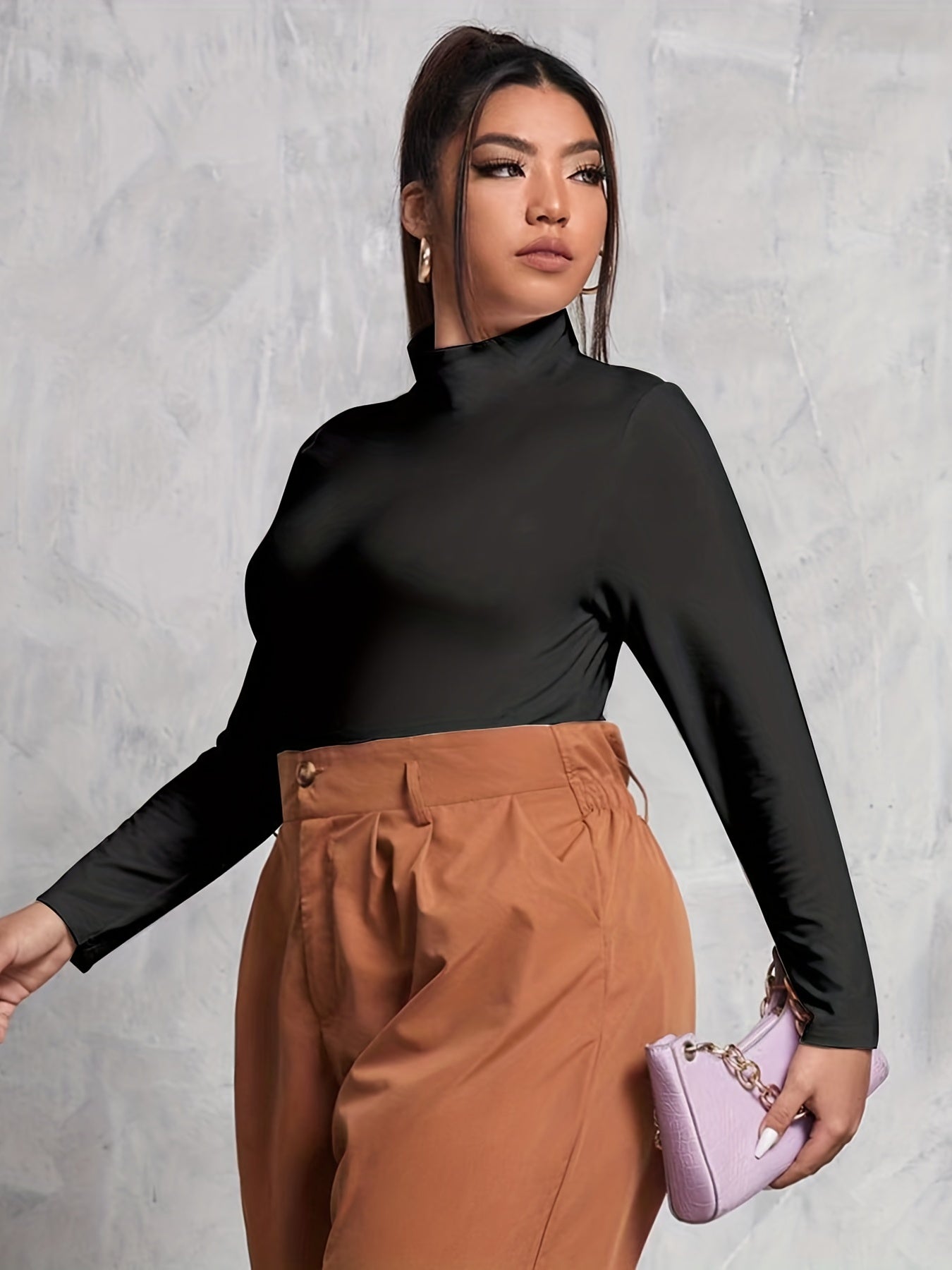 Solid Mock Neck Long Sleeve Jumpsuit