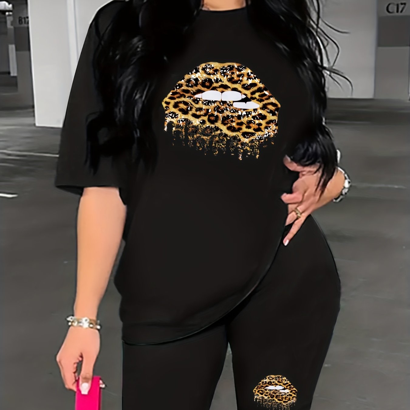 Leopard Lip Print Two piece Set Casual T shirt & Shorts Outfits Women's Clothing
