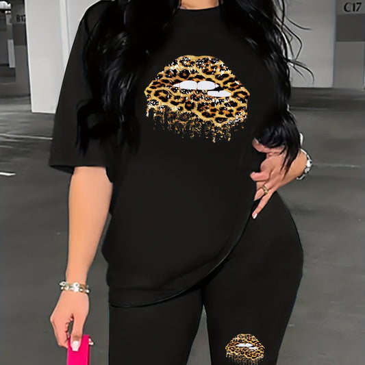Leopard Lip Print Two piece Set Casual T shirt & Shorts Outfits Women's Clothing