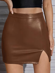 PU Leather Bodycon Pencil Skirts Side Split Mini Skirts