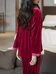 Velvet Pajama Set Lace Trim Long Sleeve Button Top & Elastic Waistband Pants