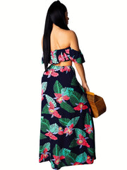 Tropical Print Crop Top & Side Slit Maxi Skirt Set