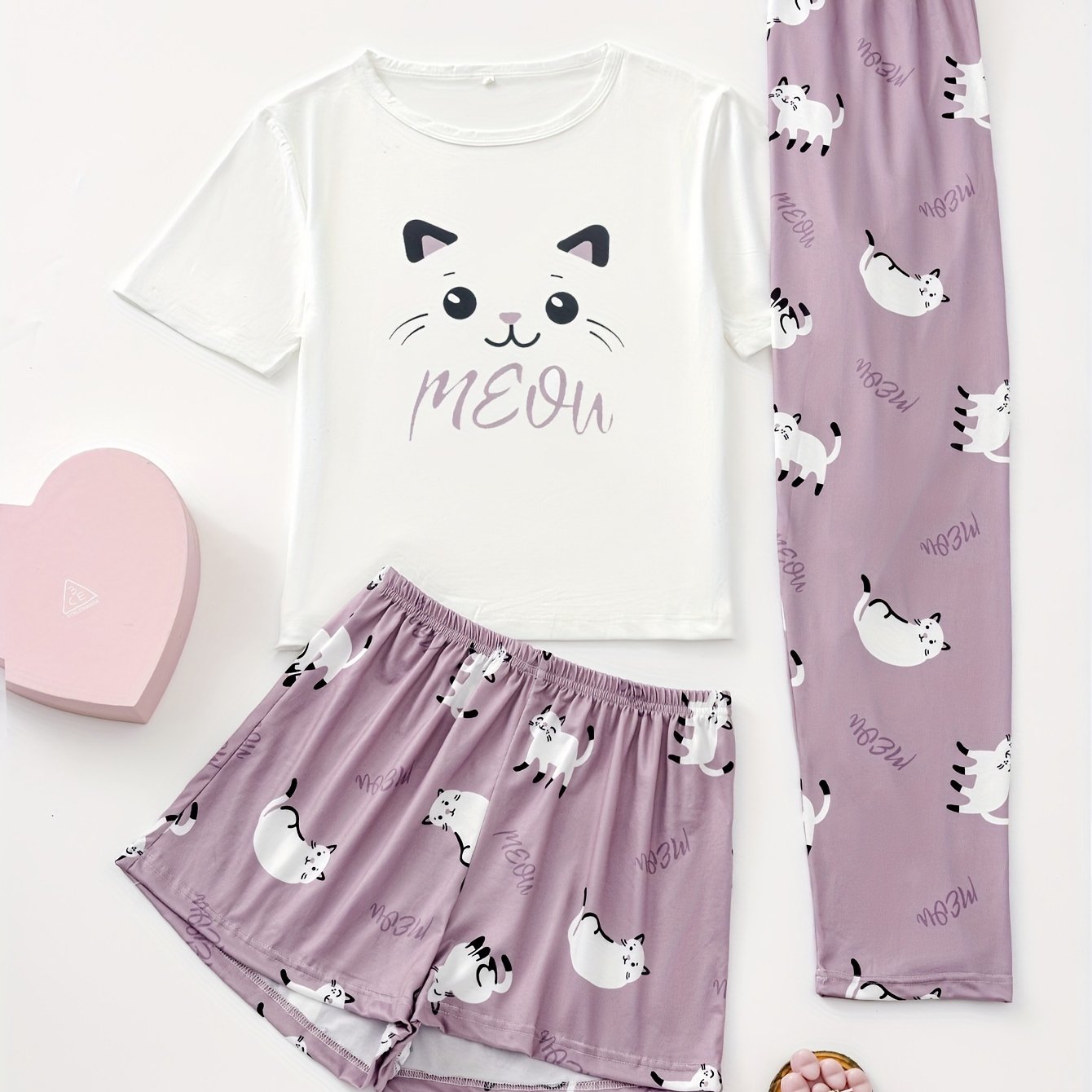Cartoon Cat Print Pajamas Set Short Sleeve Top & Shorts Women's Sleepwear