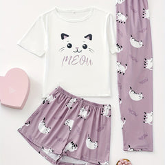 Cartoon Cat Print Pajamas Set Short Sleeve Top & Shorts Women's Sleepwear