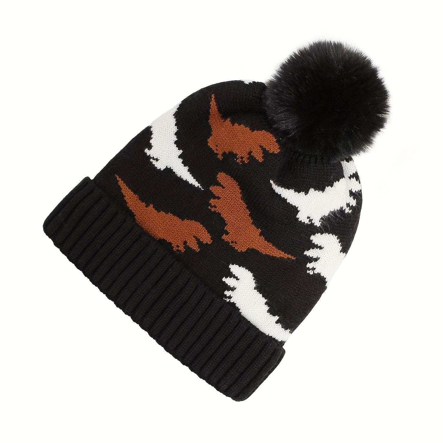 Dinosaur Jacquard Woolen Hat with Velvet Warm Winter