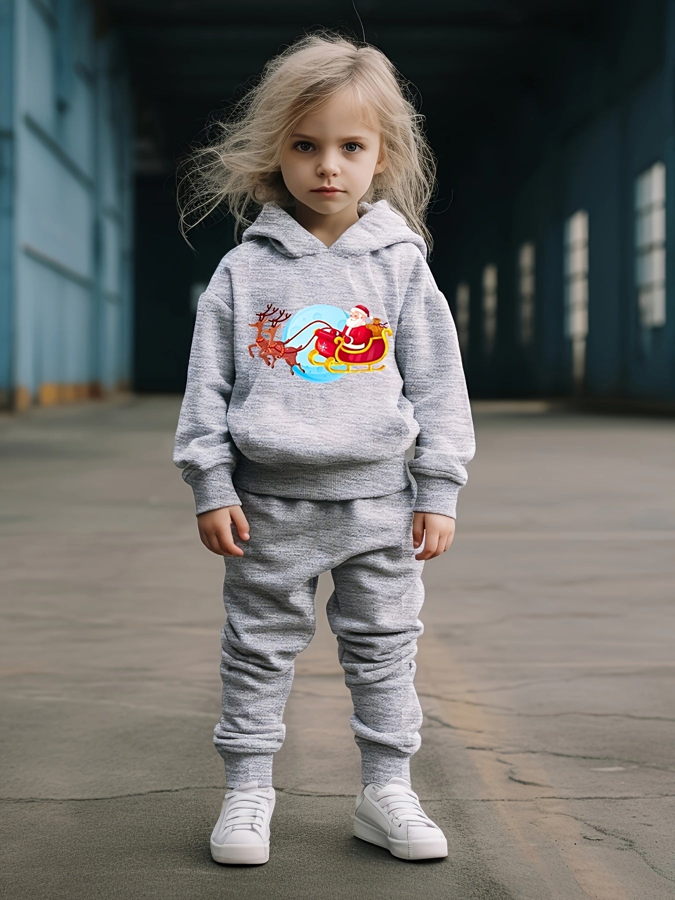 Girls Cartoon Santa Claus Hoodie Sweatshirt & Sweatpants Set