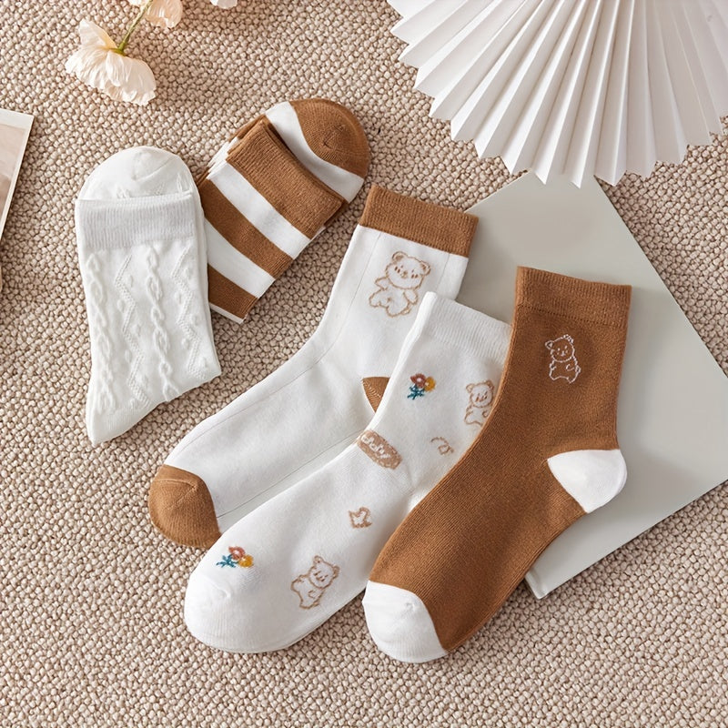 5 Pairs Bear Print Mid Tube Socks Women's Stockings