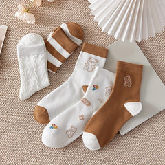 5 Pairs Bear Print Mid Tube Socks Women's Stockings