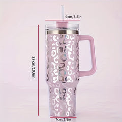 40oz Stainless Steel Insulated Car Cup Leopard Print Handle Straw Hand Wash