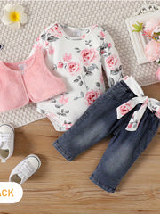 Baby Girls' Autumn Flower Printed Romper Jeans Set