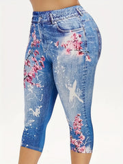 Floral & Denim Print Capris Leggings Casual Crop Leggings
