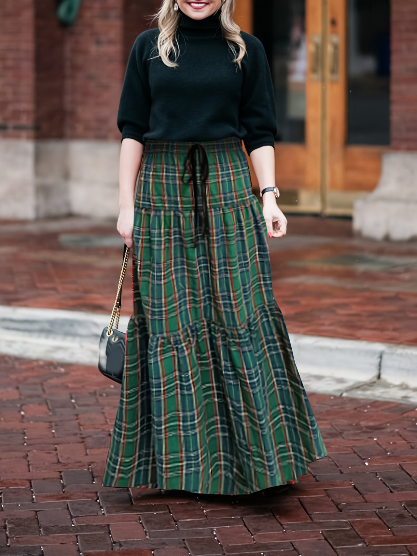 Plaid Print Drawstring Maxi Skirt