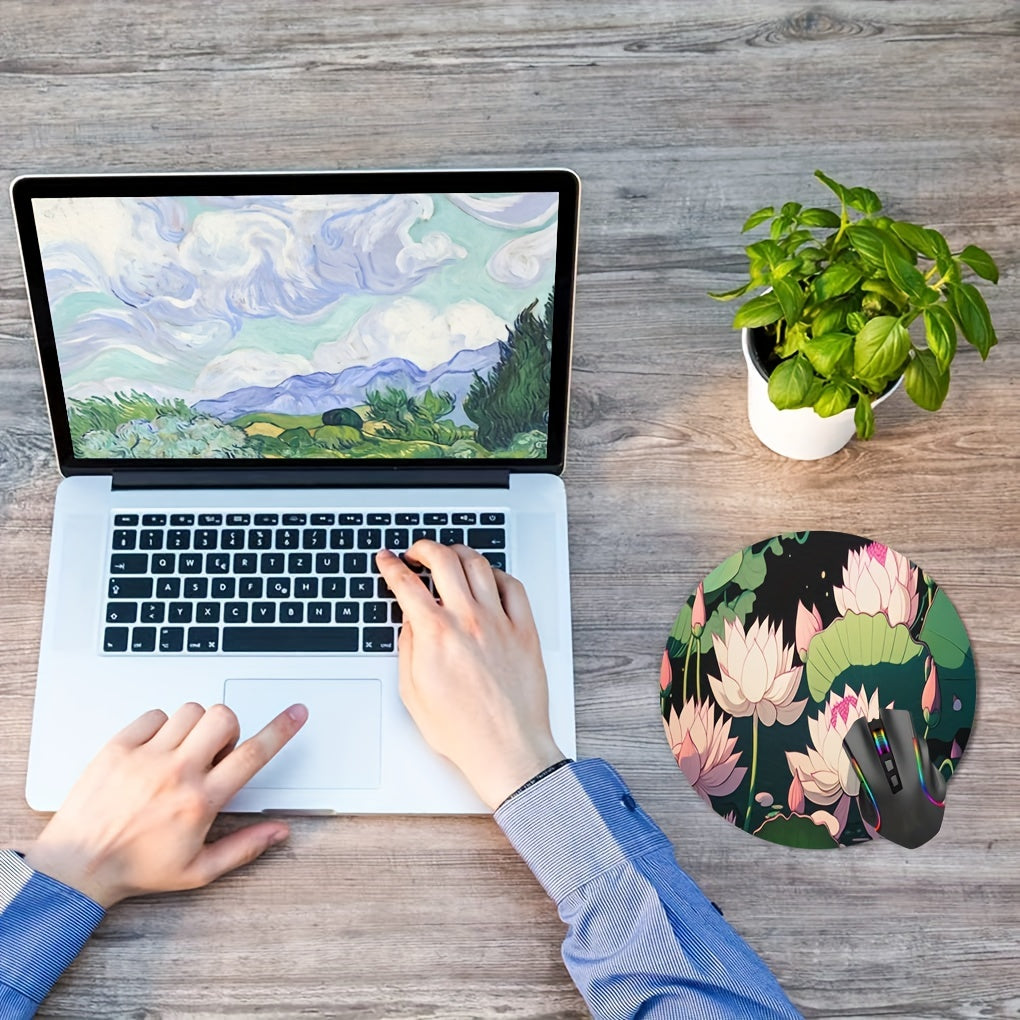 Round Flower Mouse Pad Non Slip Rubber Laptop Office Computer Decor