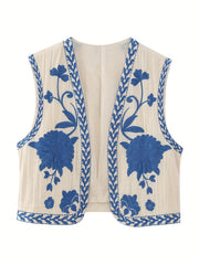 Flower Embroidered Open Front Vest Sleeveless Vest
