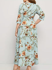 Floral Print Maxi Dress with Belt for Plus Size Women