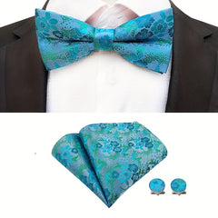 Men's Flowers Pattern Bow Tie & Handkerchief Wedding Set