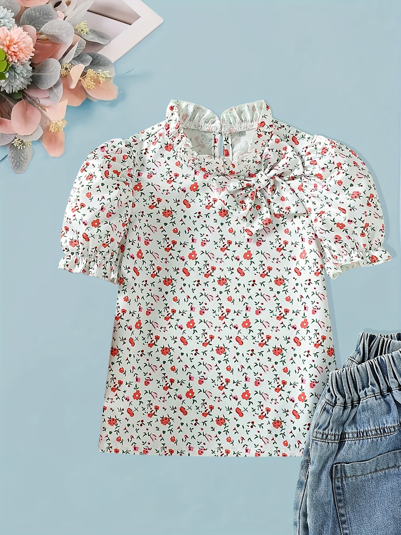 Girl's Floral Short Sleeve Shirt with Bow and Keyhole Back