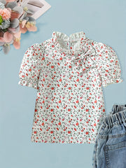 Girl's Floral Short Sleeve Shirt with Bow and Keyhole Back