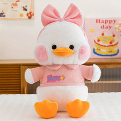 Cute Plush Duck Stuffed Animal with Big Bow Pink Soft Fluffy Fabric