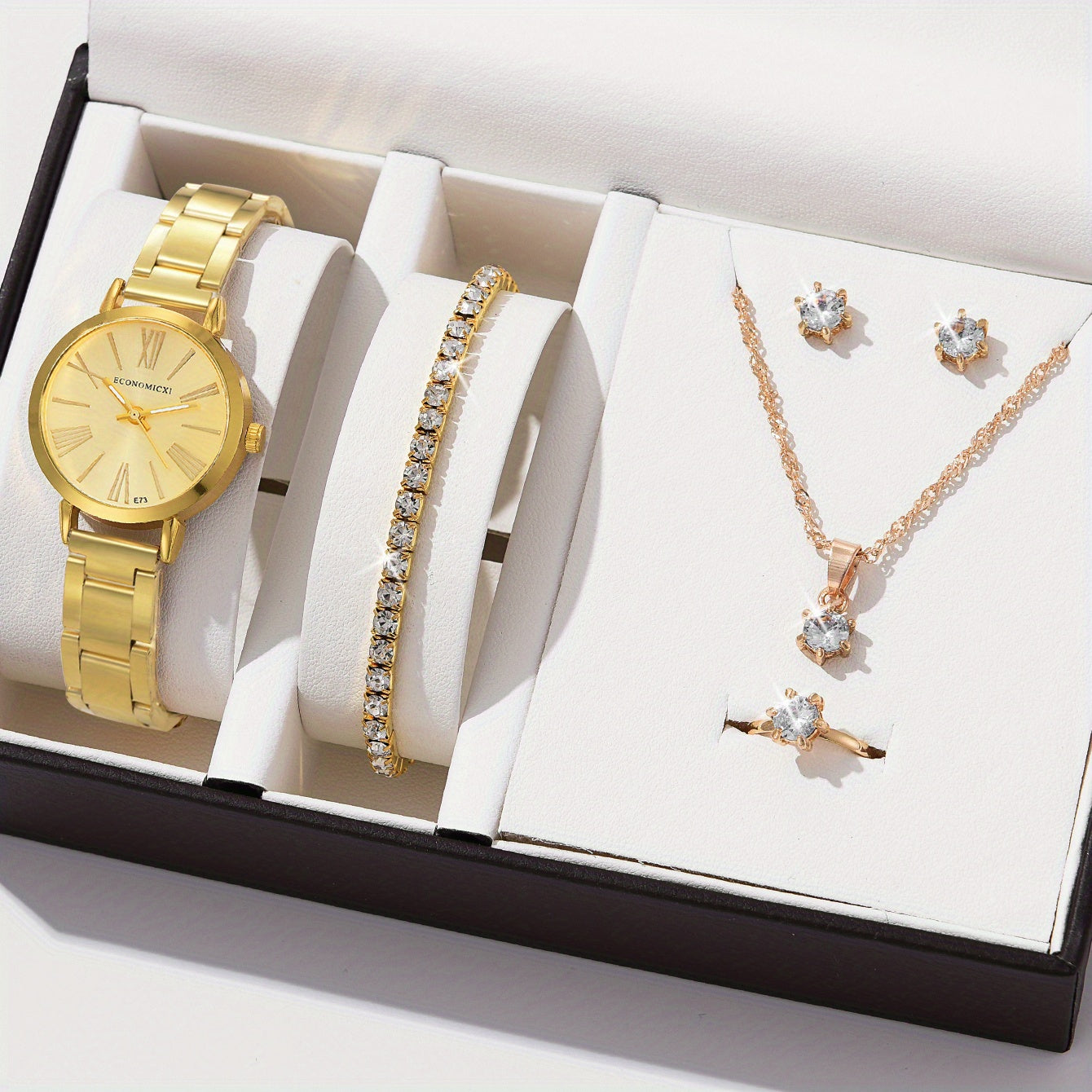 6pcs Roman Golden Steel Band Quartz Watch Set