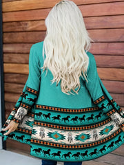 Geo Print Open Front Cardigan Long Sleeve Women's Clothing