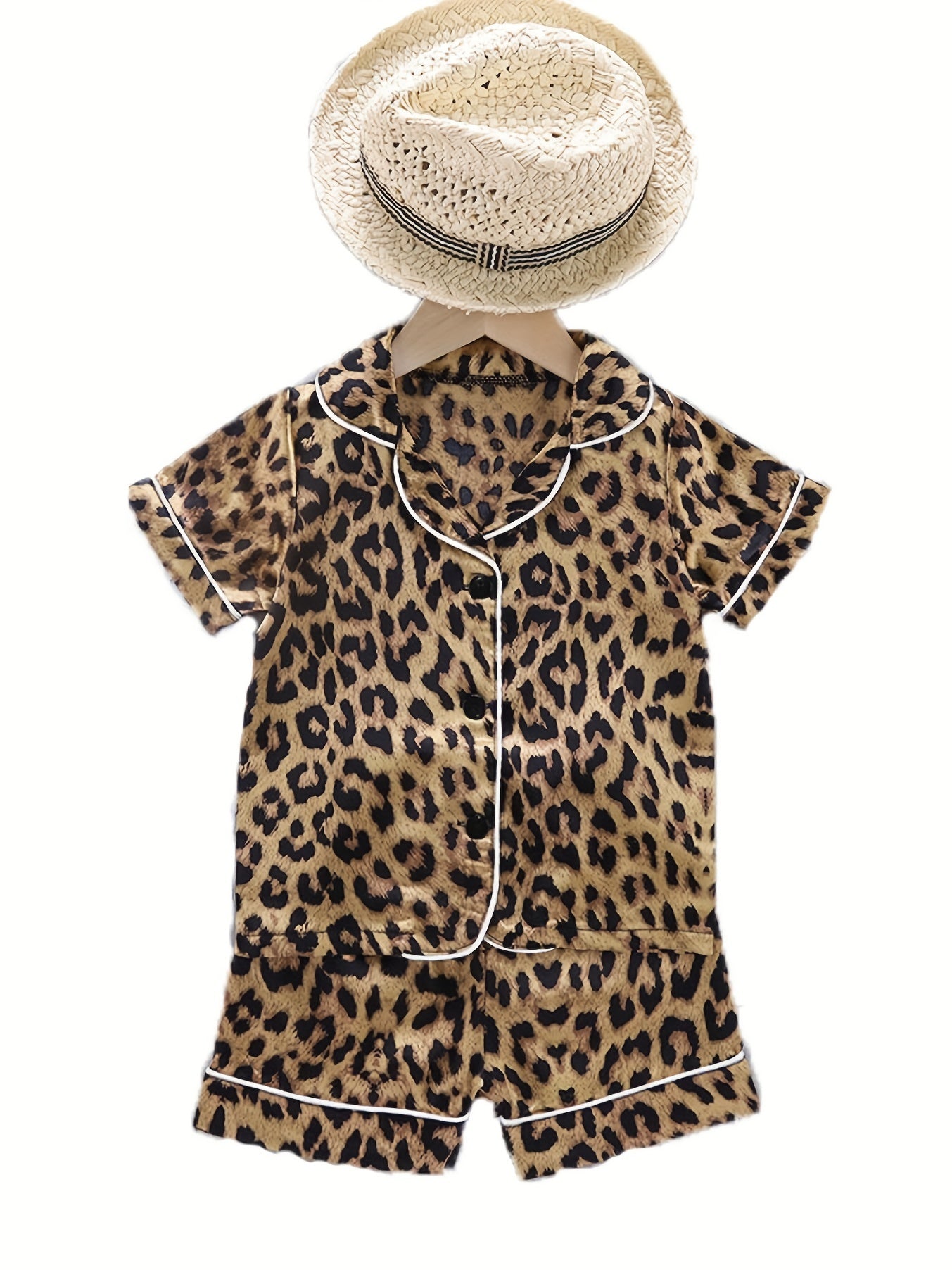 Kid's Leopard Satin Pajamas 2pcs Short Sleeve Top & Shorts Set