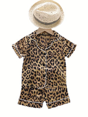Kid's Leopard Satin Pajamas 2pcs Short Sleeve Top & Shorts Set