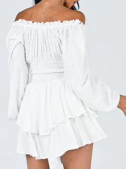 Off Shoulder Ruffle Trim Jumpsuit Solid Lantern Sleeve