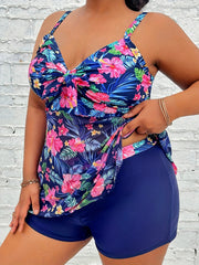 Vacay Tankini Set Floral Print Ruched Tie Front Top & Shorts Swimsuit