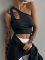 Ribbed Crop Top Hollow Out One Shoulder Sleeveless Top